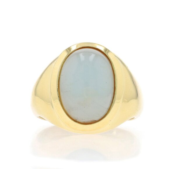 Yellow Gold Beryl Men's Ring - 18k Oval Cabochon 5.46ct Solitaire